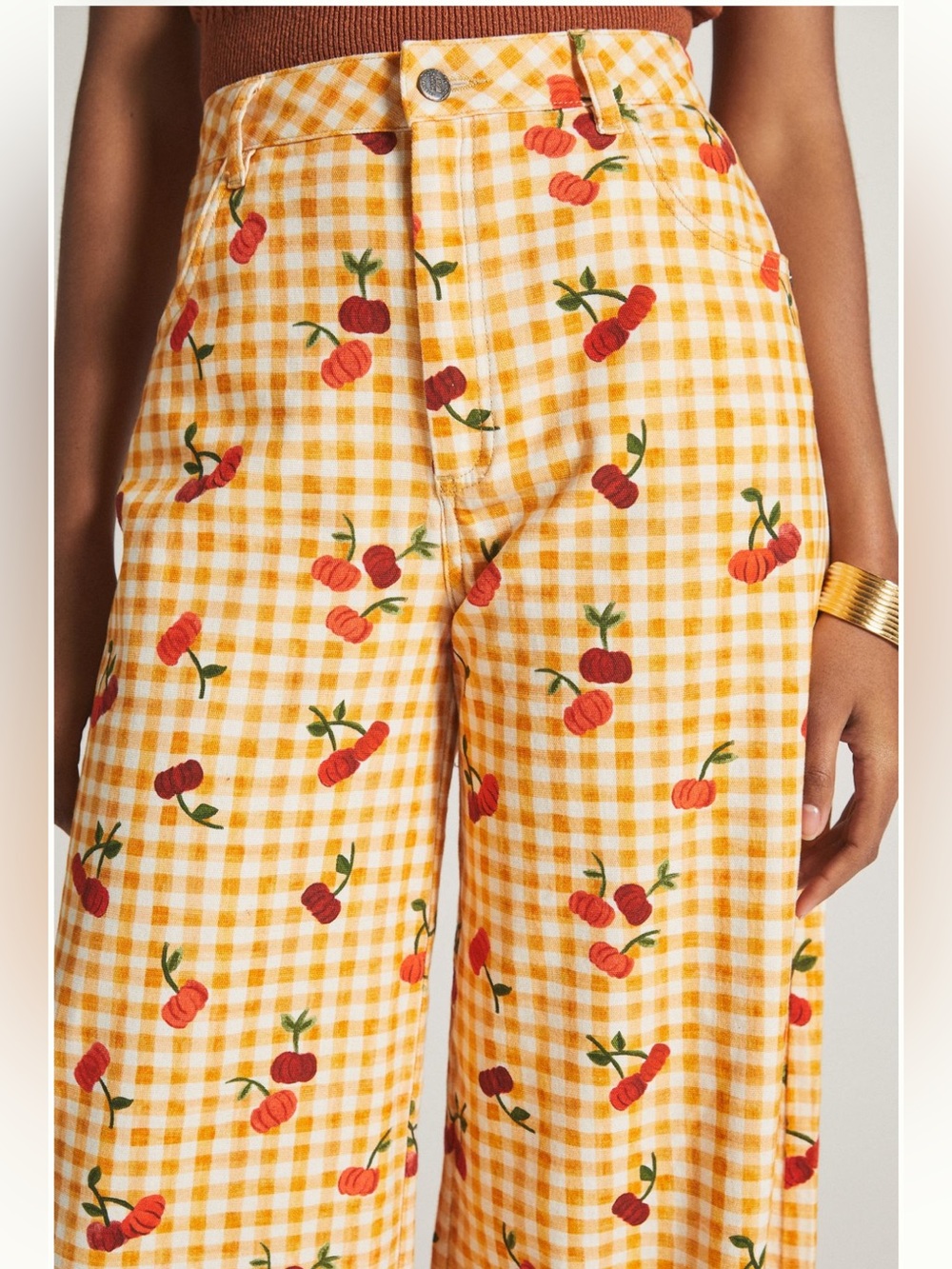 Farm Rio x Anthropologie Yellow Gingham Wide-Leg Pants with Cherry Print NWT XL - Picture 2 of 7